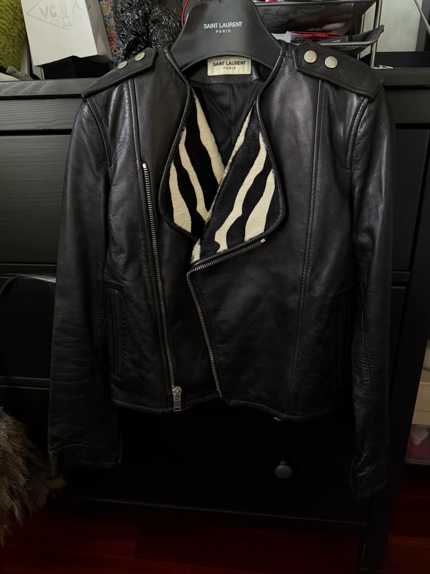 Saint Laurent Black Leather Jacket Zebra Collar