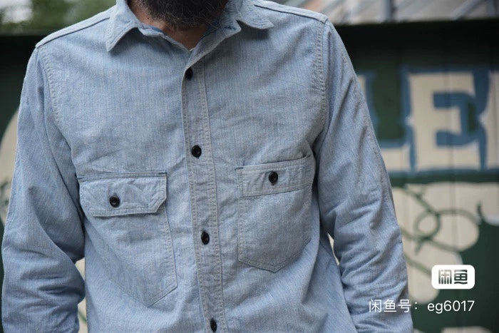 vintage Blue HBT Shirt with Asymmetric Pockets
