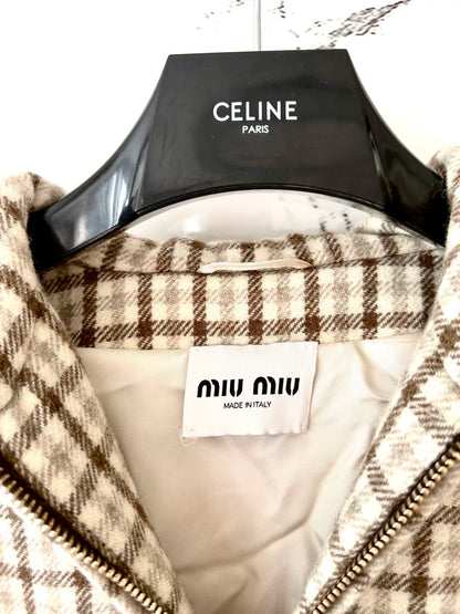 miumiu checked hooded zip-up jacket
