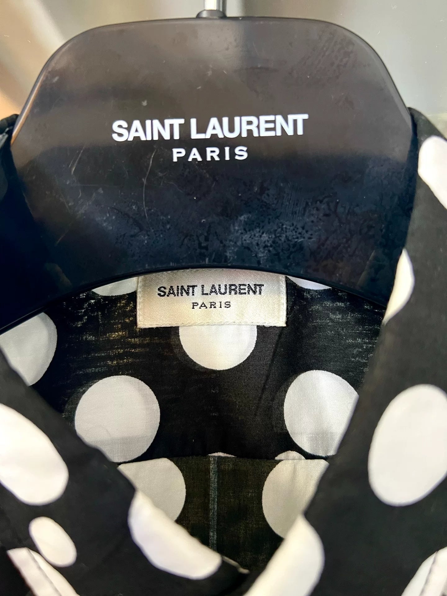 black and white polka dot shirt