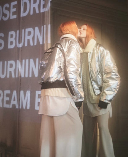 silver bomber jacket with back zipper