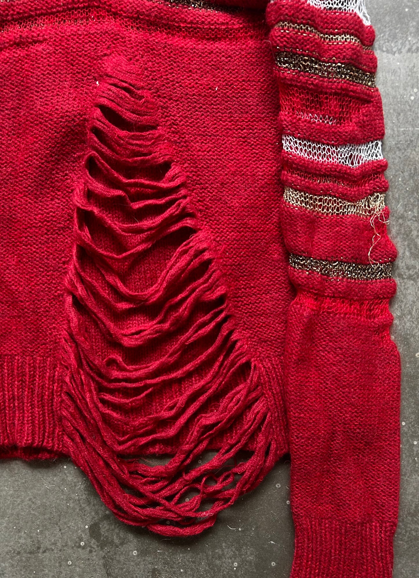 red knit distressed long sleeve sweater