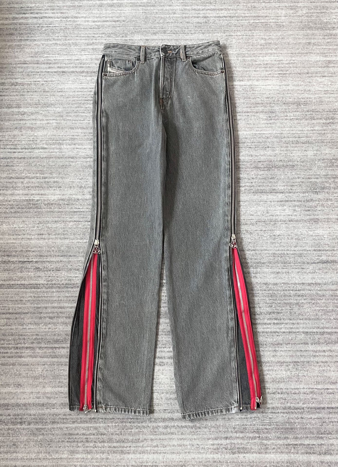 diesel gray red zipper flared jeans