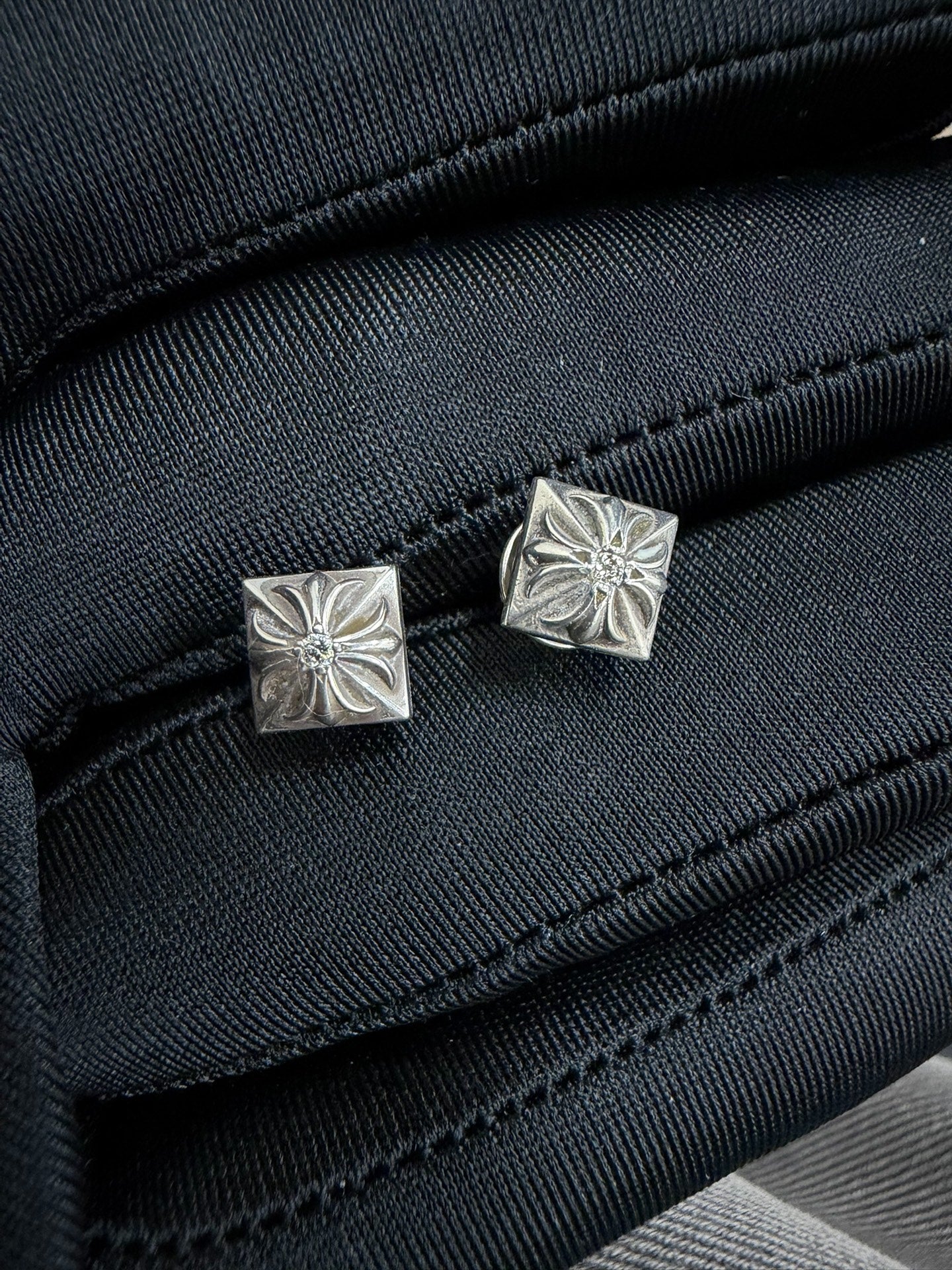 Chrome Hearts Square Cross White Diamond Earrings