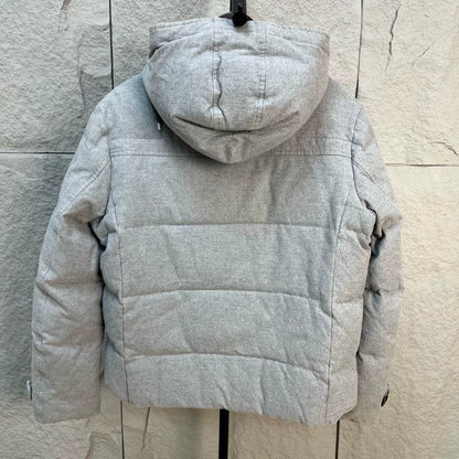 gray double-breasted hooded down jacket