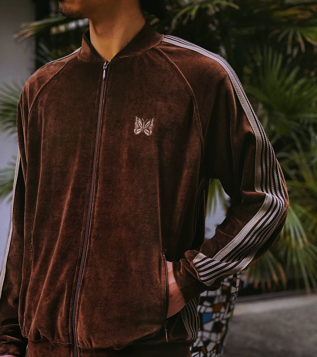 needles velvet track jacket in deep brown