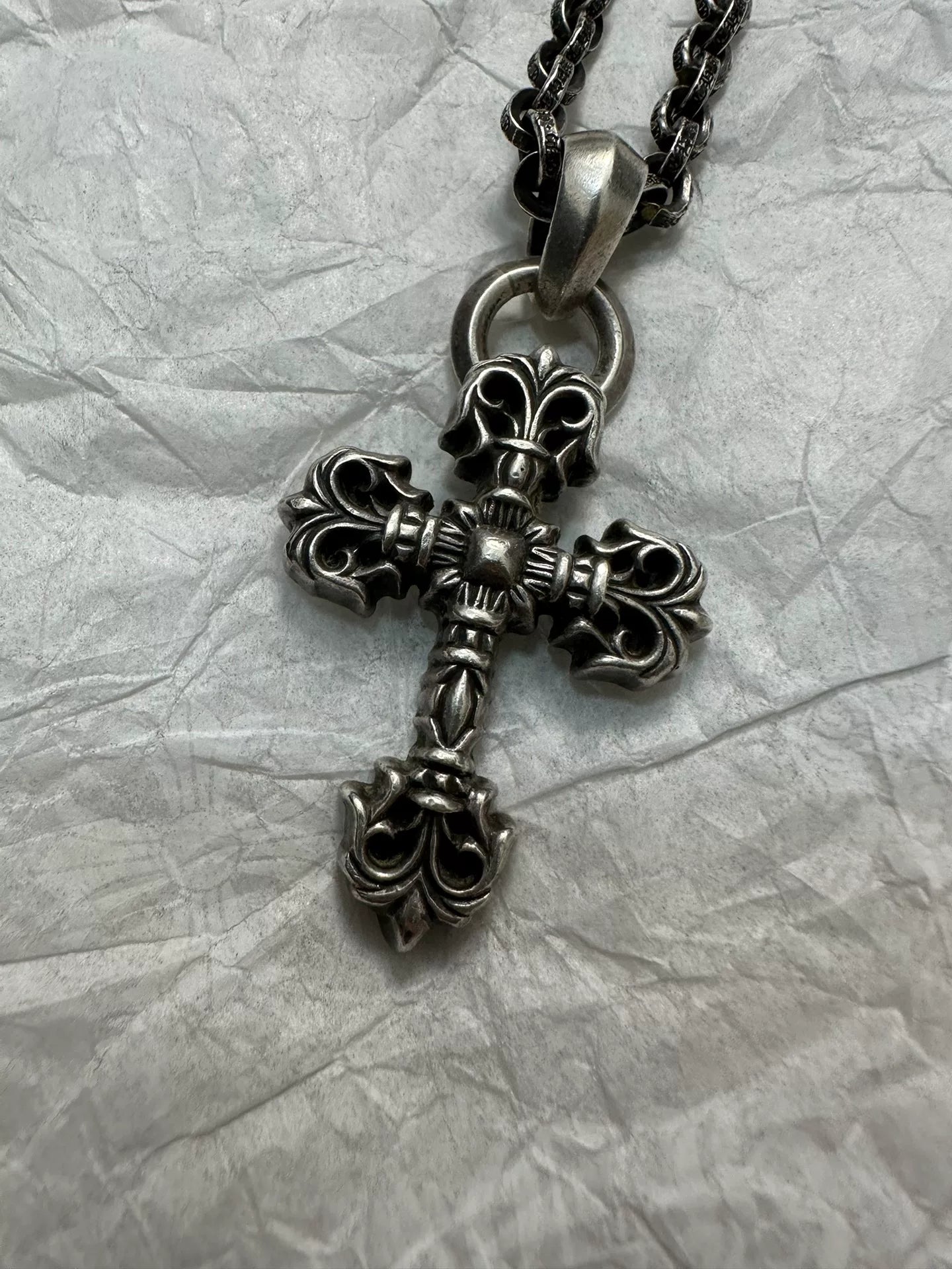 Chrome Hearts Medium Water Drop Flame Cross Paper Chain Necklace
