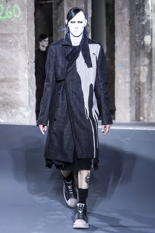 rick owens black paint splash trench coat