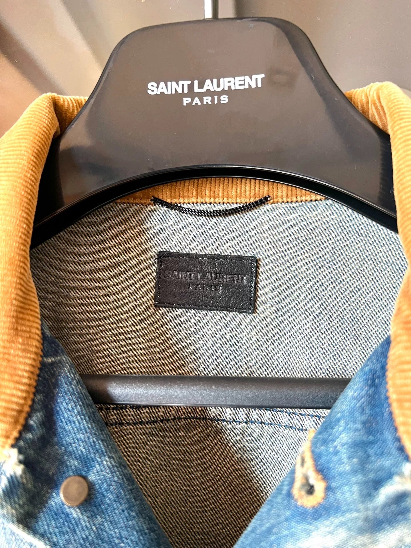 saint laurent blue denim jacket with cord collar