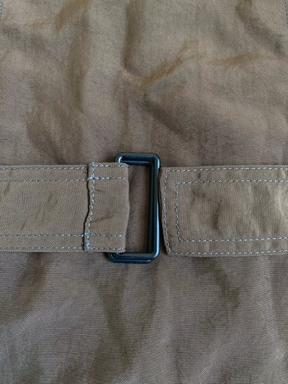 brown belted trench coat with military silhouette