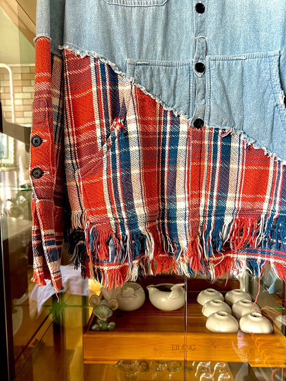 blue orange denim flannel henley shirt