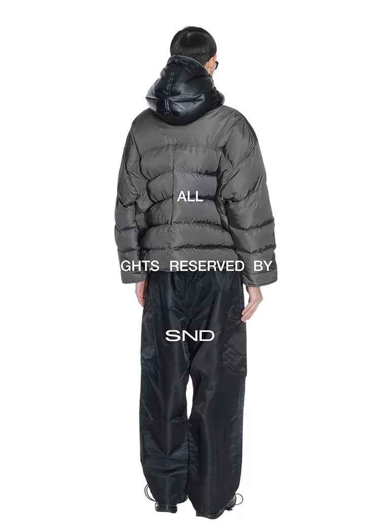 oversized gray-black leather cap puffer jacket