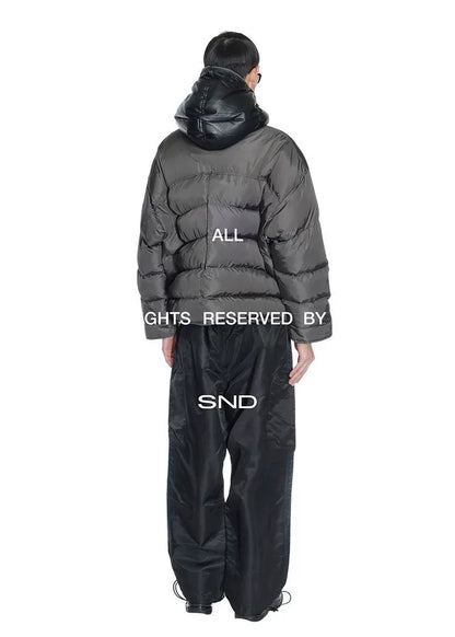 oversized gray-black leather cap puffer jacket