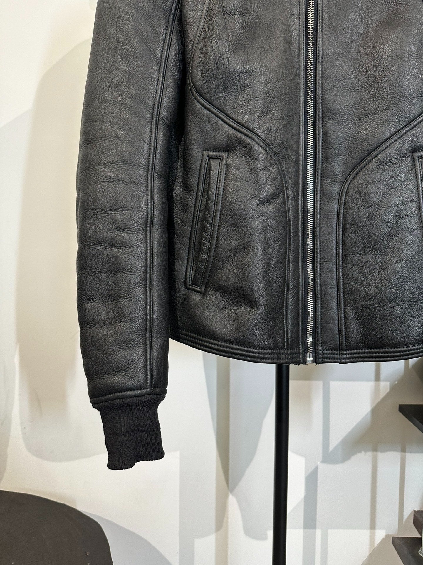 Rick Owens Fur Leather Stand-Collar Jacket