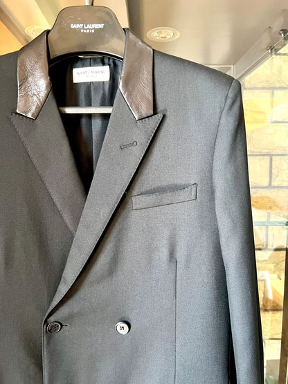 black leather lapel double-breasted blazer