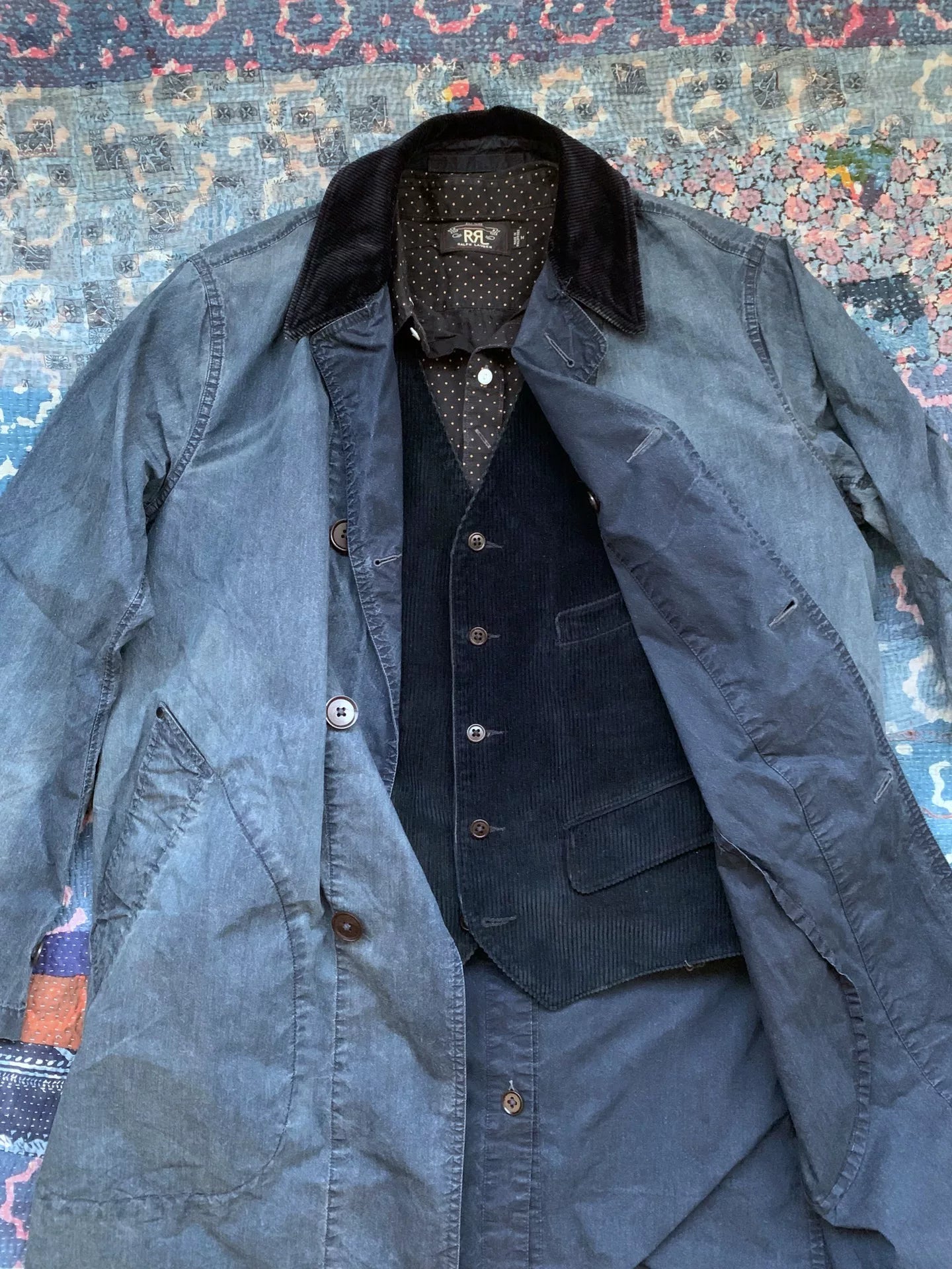RRL Distressed Corduroy Patchwork Trench