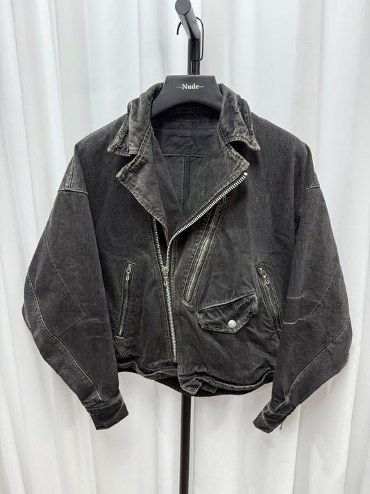 distressed washed black denim jacket