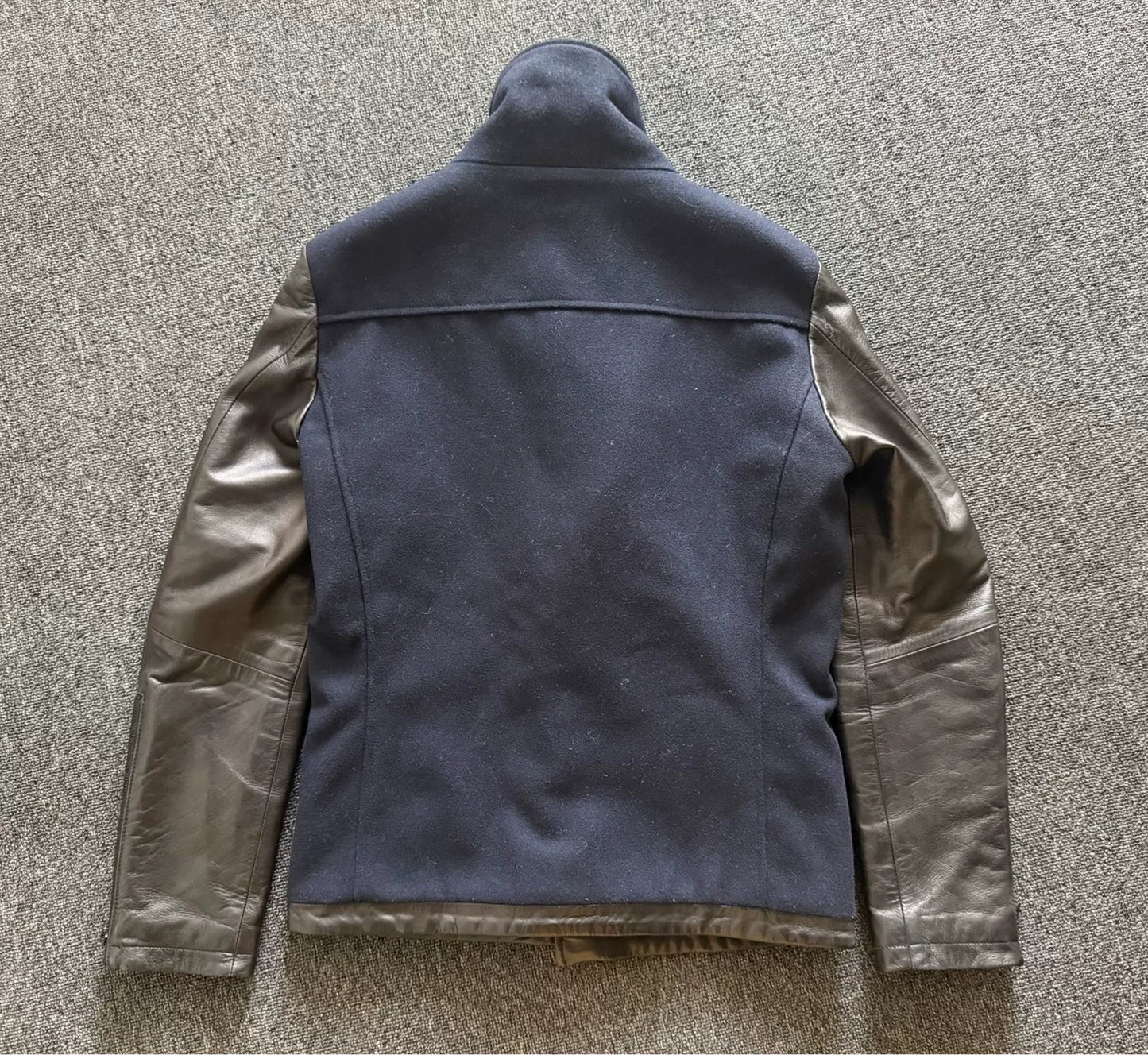 Flap Collar Leather Wool Jacket