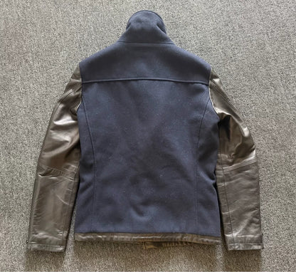 Flap Collar Leather Wool Jacket