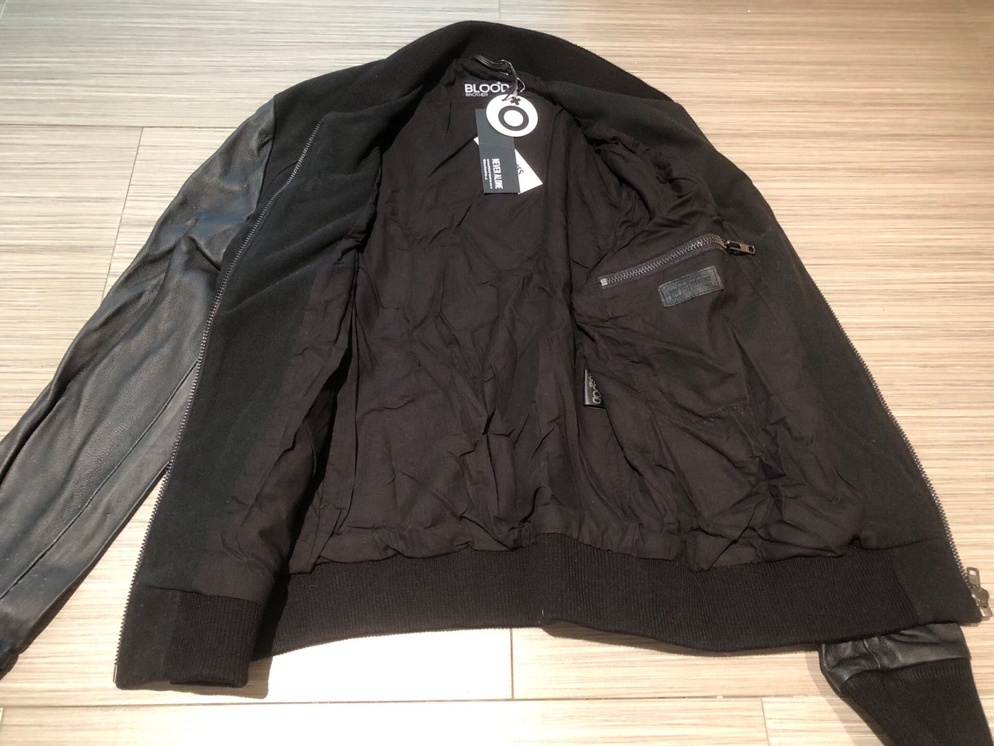 Blood Brother Black Leather Sleeve Bomber Jacket
