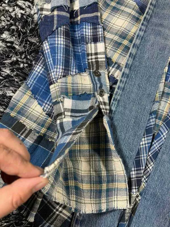 greg lauren patchwork robe with denim accents