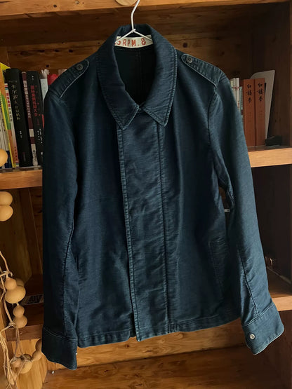 blue dyed motorcycle jacket with subtle vintage touch