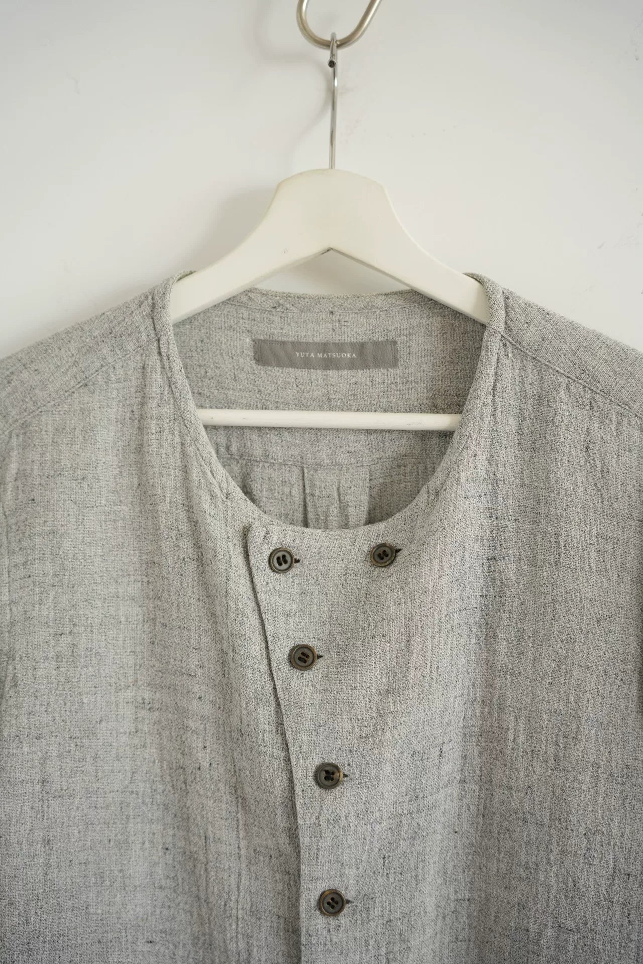 gray linen button-up shirt by Yuta Matsuoka