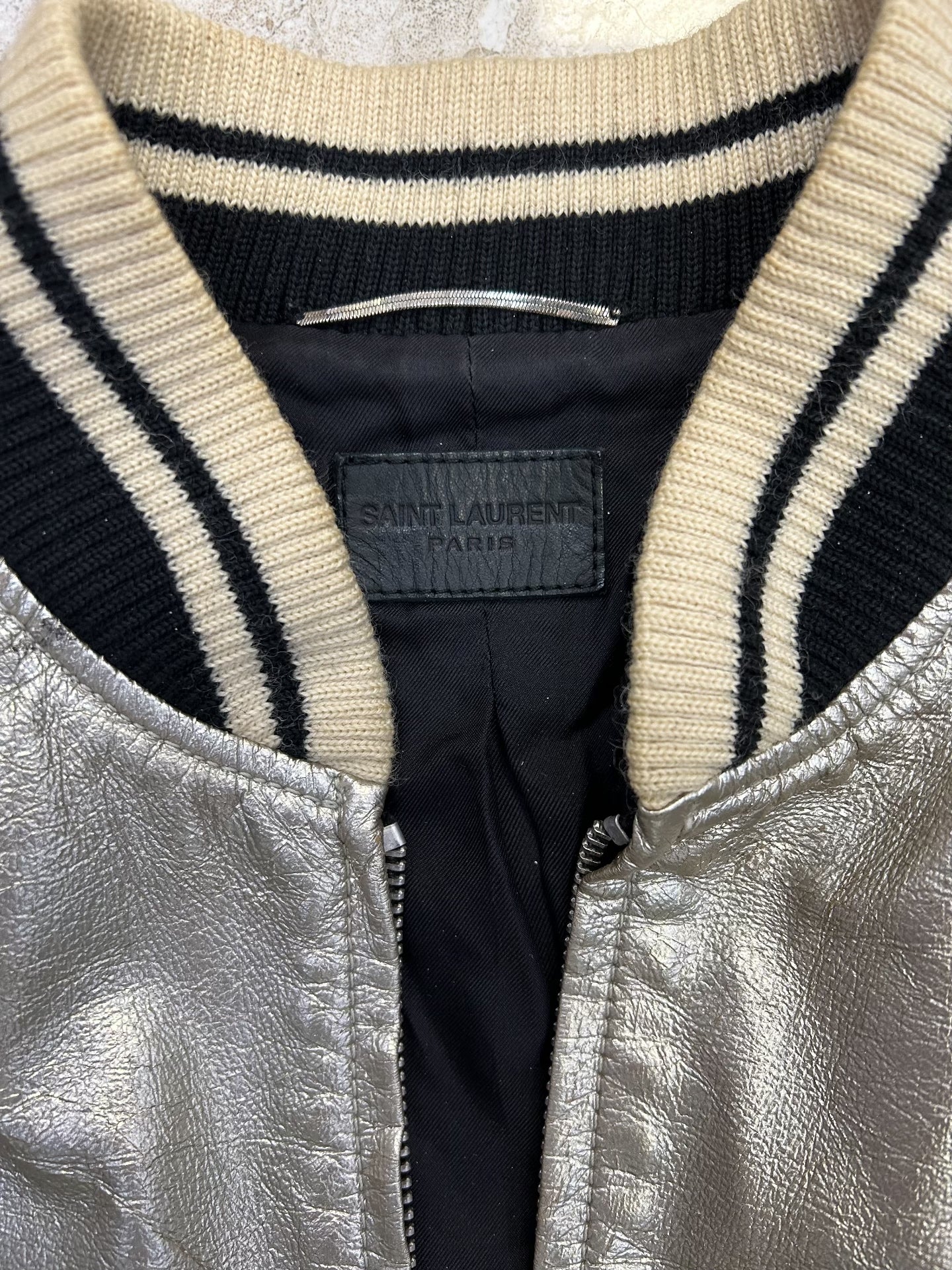 Saint Laurent Silver Leather Baseball Jacket