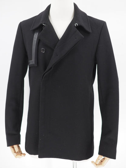 black wool blend coat with leather details