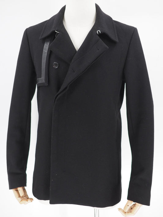 black wool blend coat with leather details