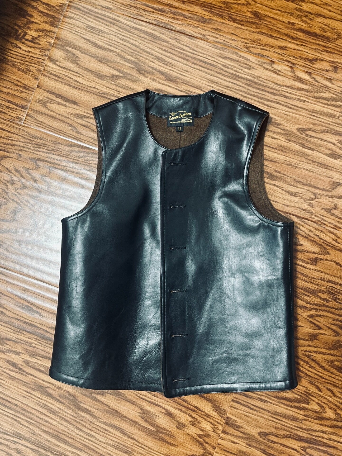 Bourn Black Leather Vest with Wool Lining
