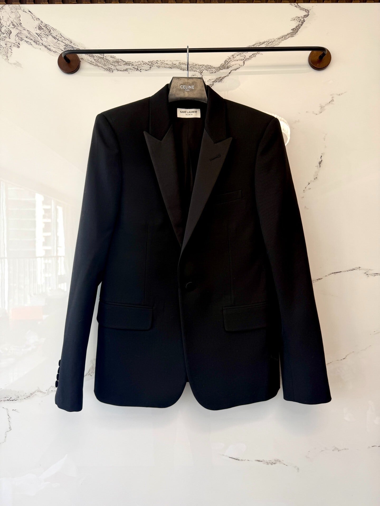 saint laurent black satin smoking jacket