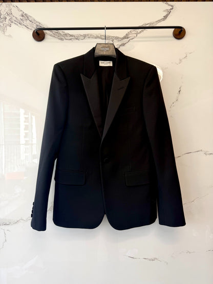 saint laurent black satin smoking jacket