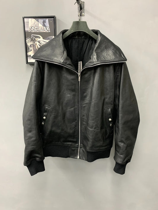 Rick Owens Black Leather Collared Jacket