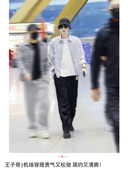 black and white striped short sleeve shirt