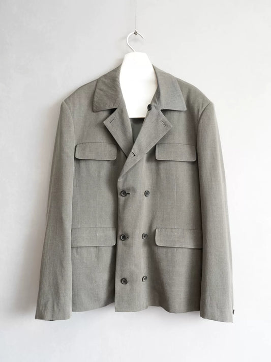 double-breasted concrete gray jacket