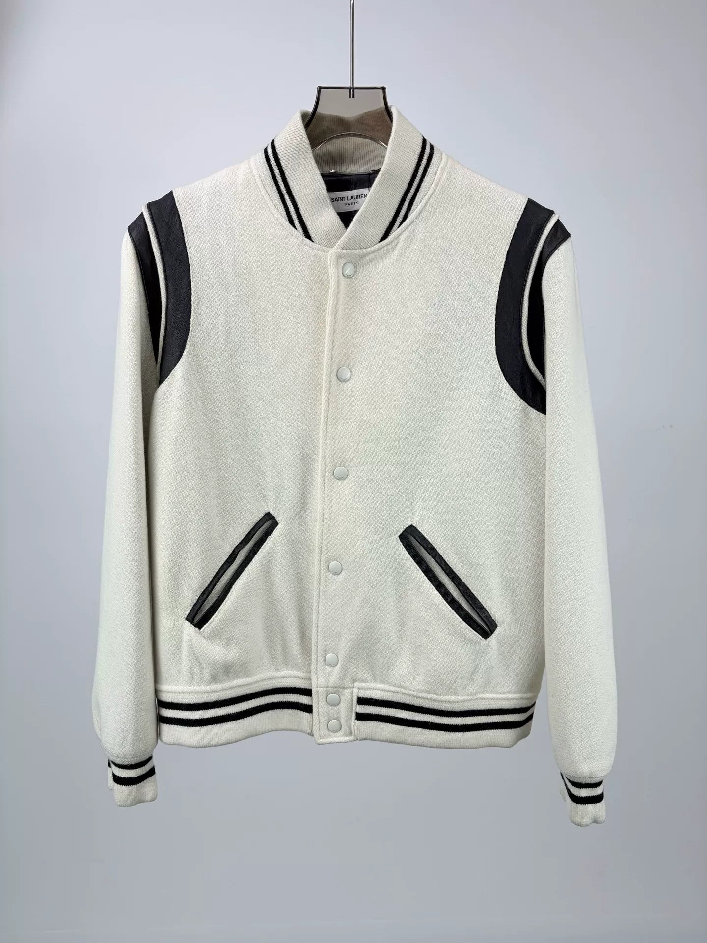 SAINT LAURENT White Leather Sleeve Baseball Jacket