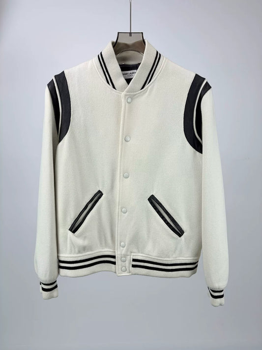 SAINT LAURENT White Leather Sleeve Baseball Jacket