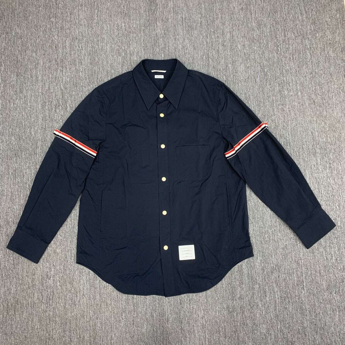 Thom Browne navy three-stripe nylon shirt jacket