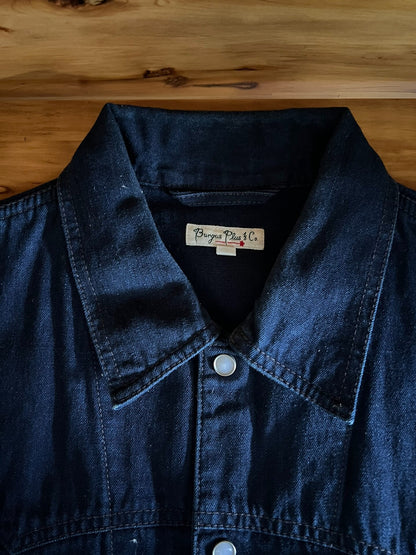 blue dyed work jacket with gem buttons