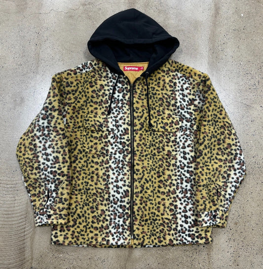 supreme leopard fleece zip up hooded jacket