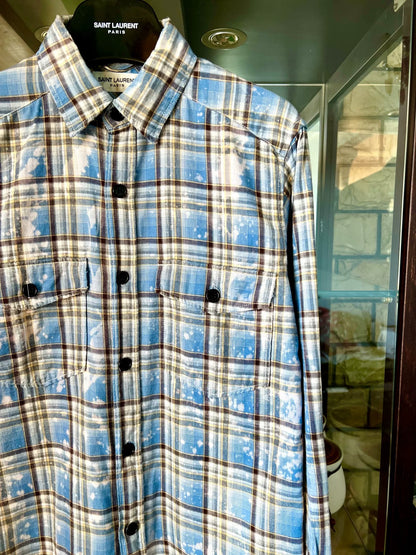 saint laurent blue distressed button-up shirt