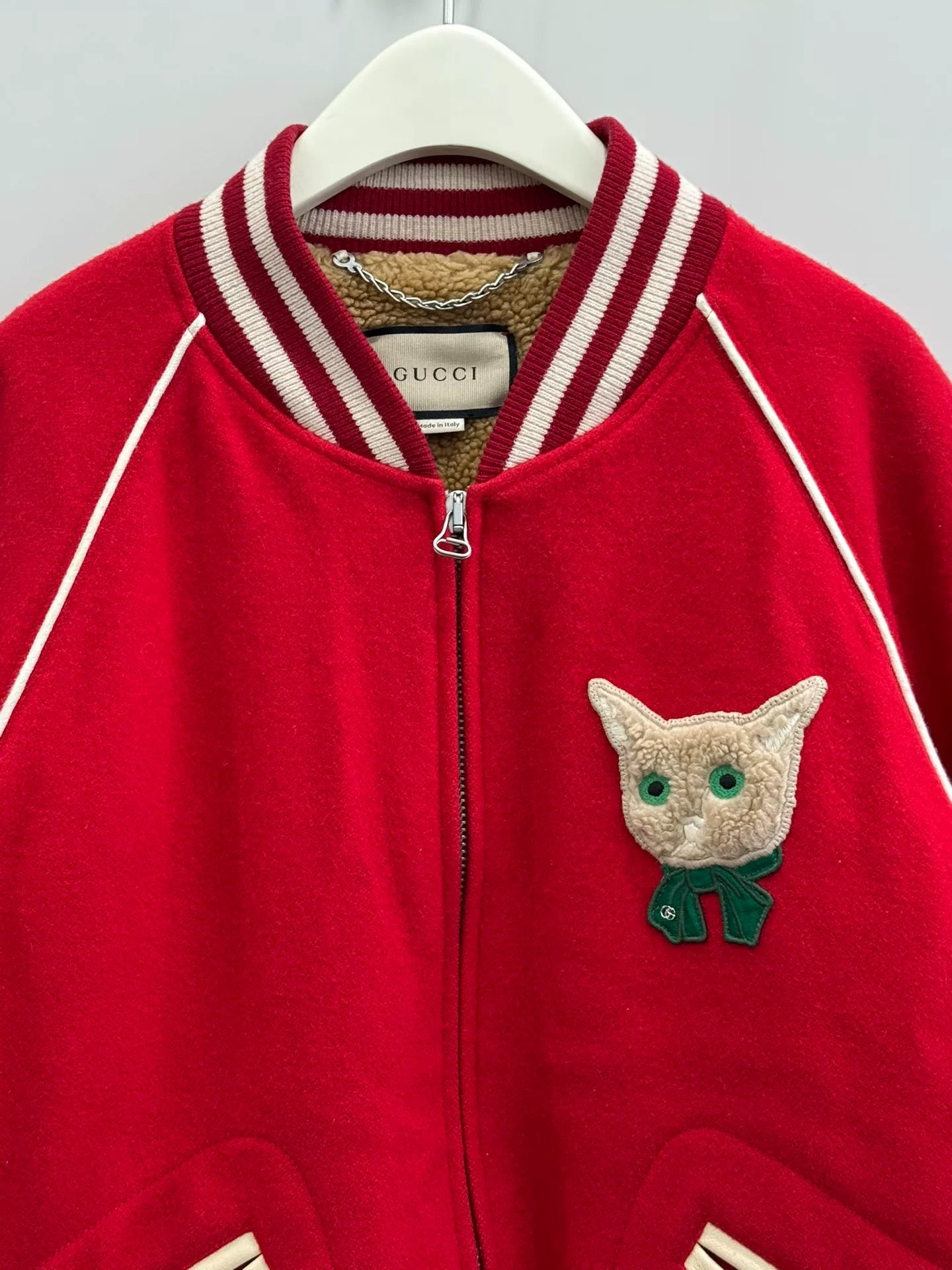 gucci wool baseball jacket with cat design