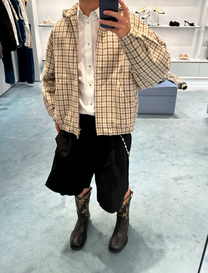 miumiu checked hooded zip-up jacket