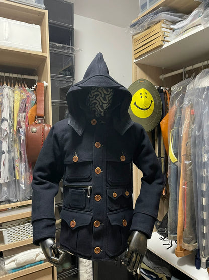 navy wool multi-pocket coat with detachable hood