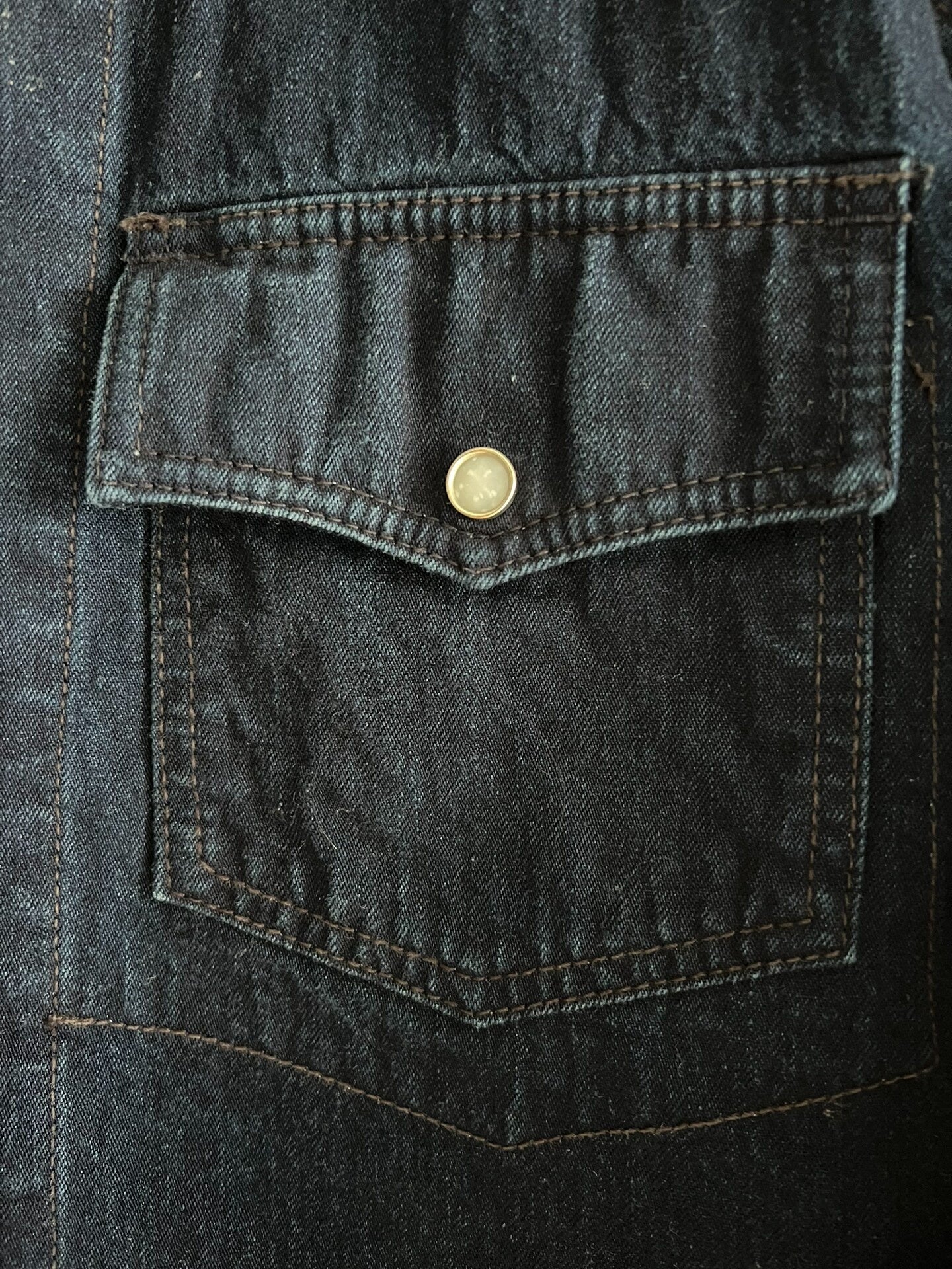 blue dyed work jacket with gem buttons