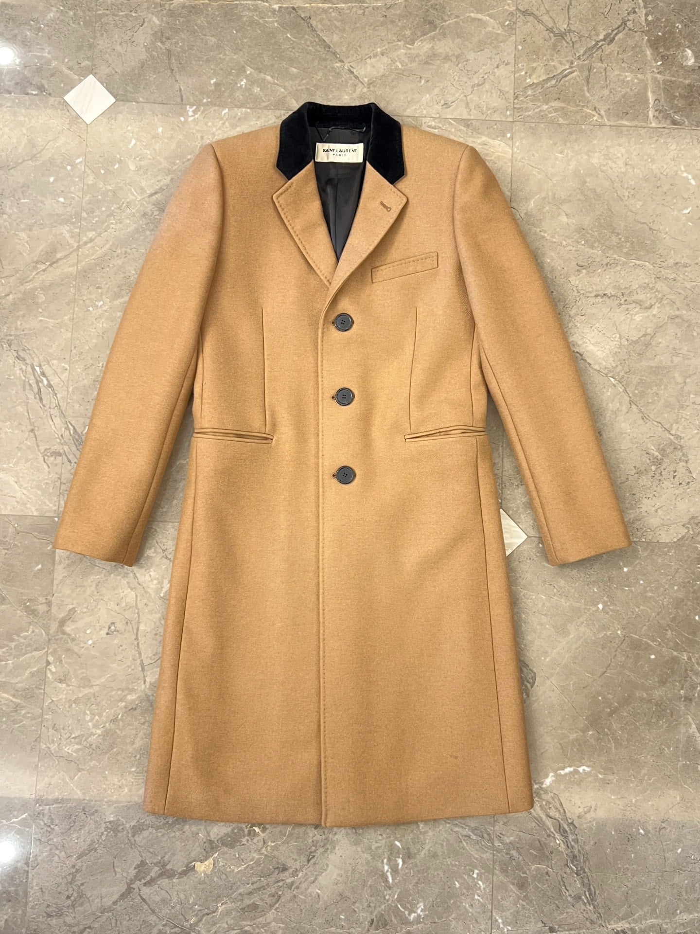 Saint Laurent Beige Velvet Collar Coat