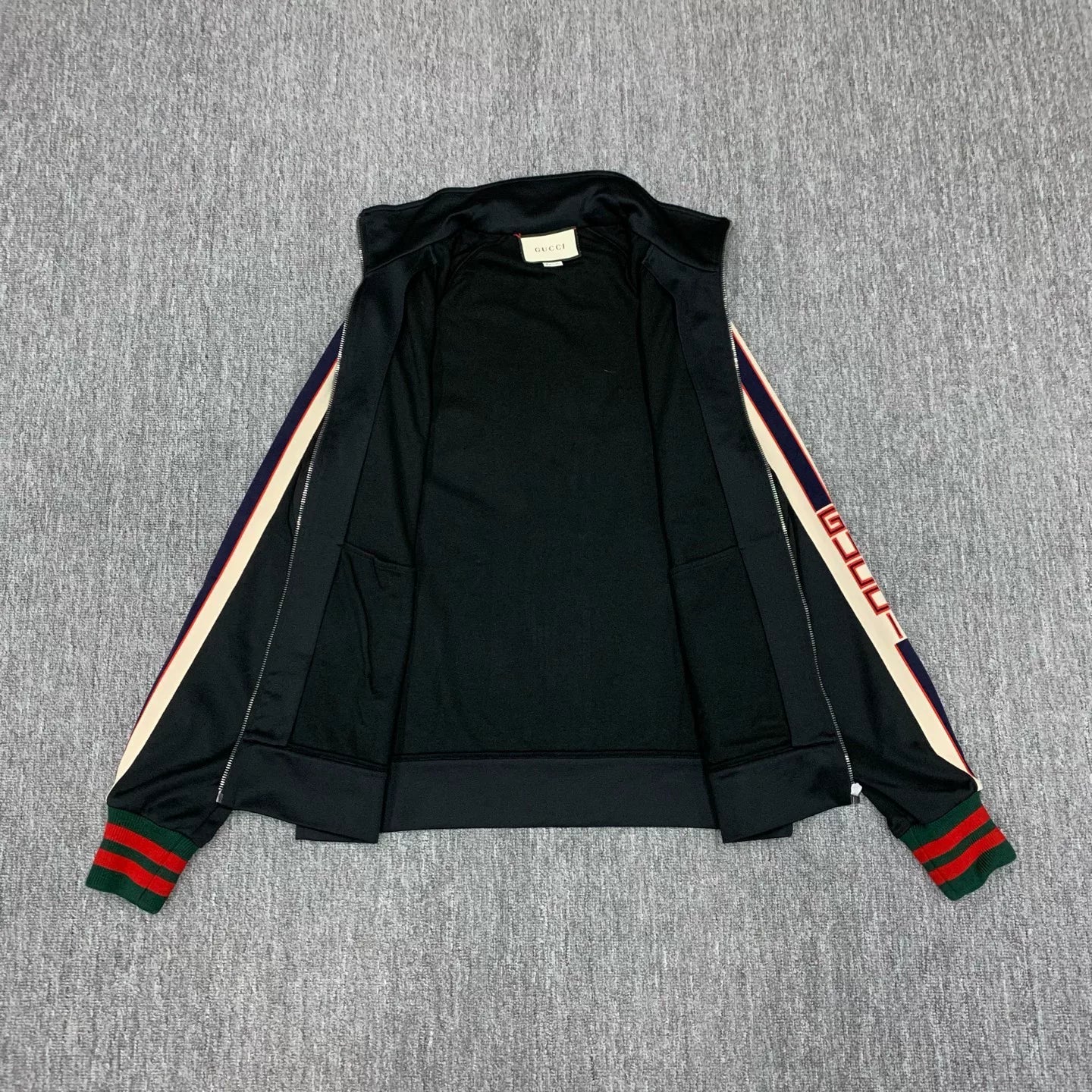 gucci black logo jacket with side stripes