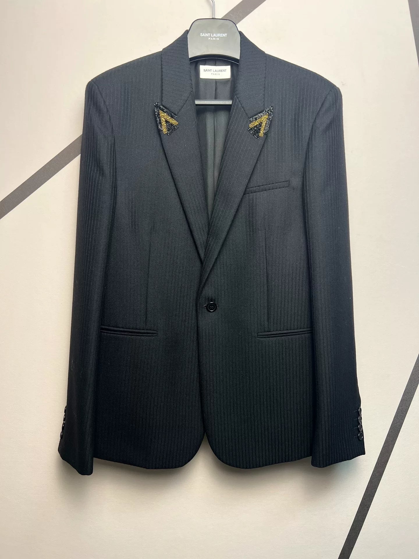 Saint Laurent SLP Black Pinstripe Beaded Blazer