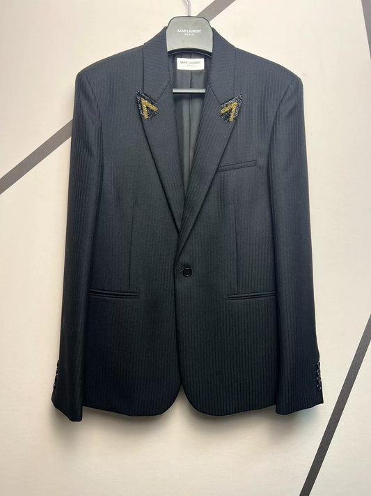 Saint Laurent SLP Black Pinstripe Beaded Blazer